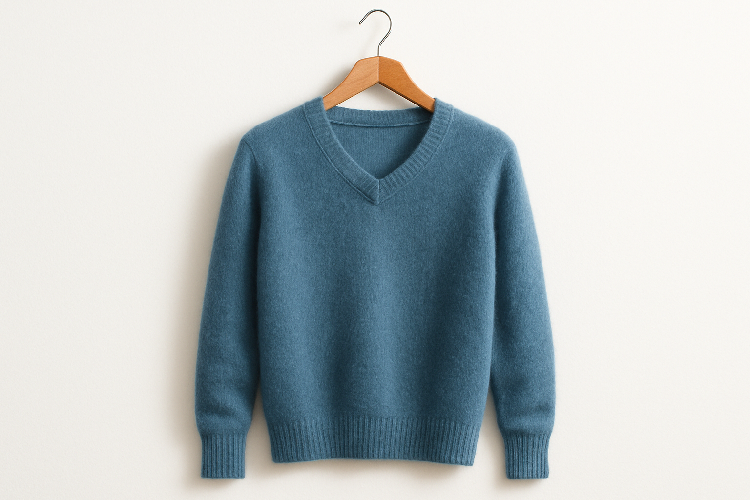 lake-blue cashmere sweater on a coat hanger with white background