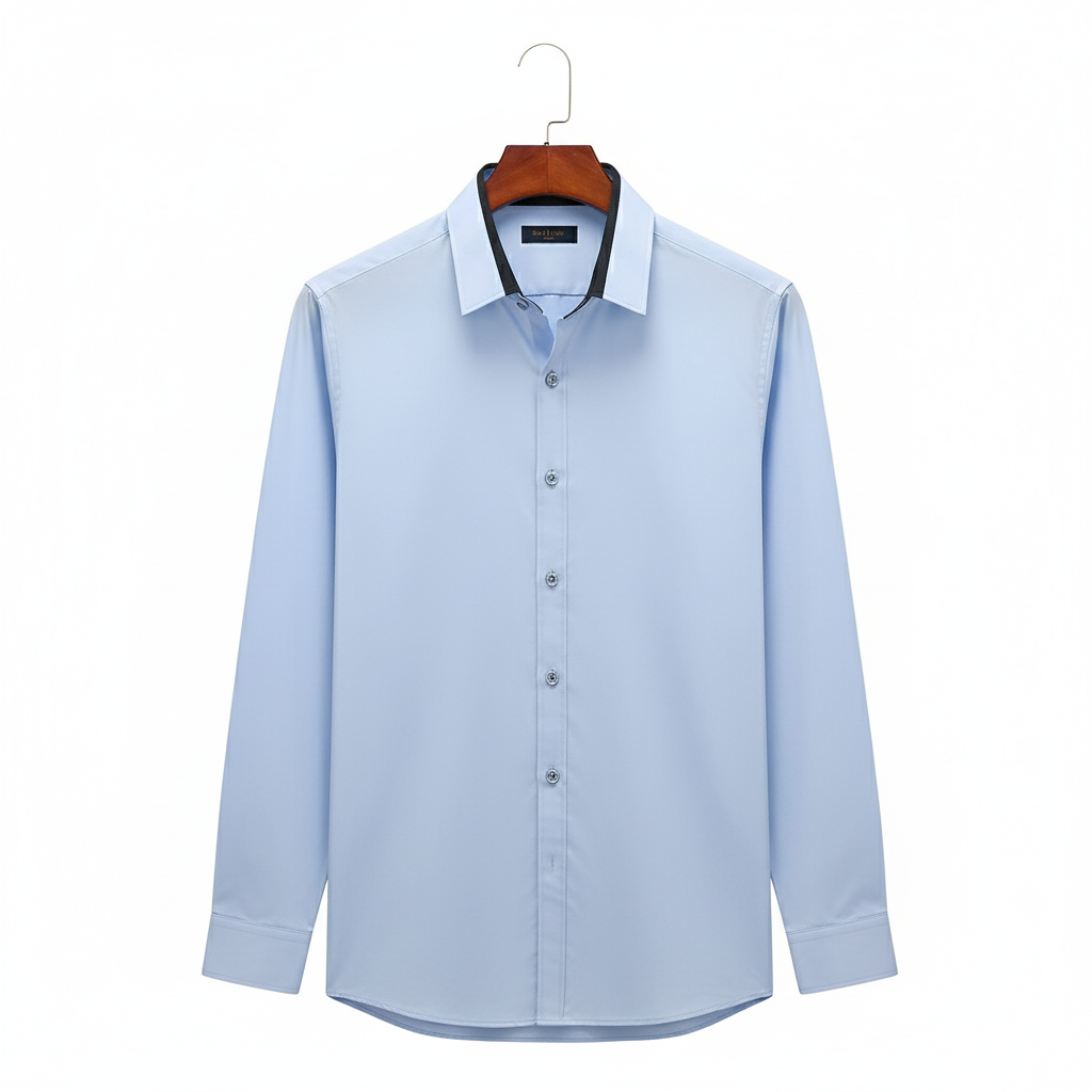Light blue dress shirt with black collar trim hanging on coat hanger