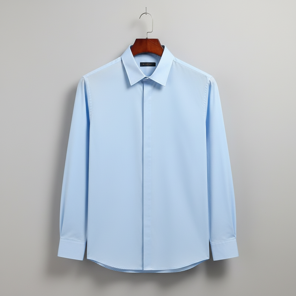 Light blue dress shirt with hidden button front on hanger