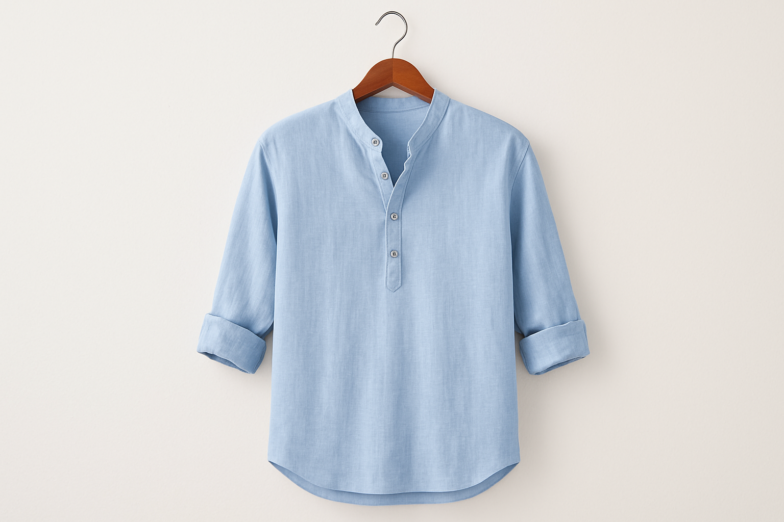 Light blue linen henley shirt on coat hanger