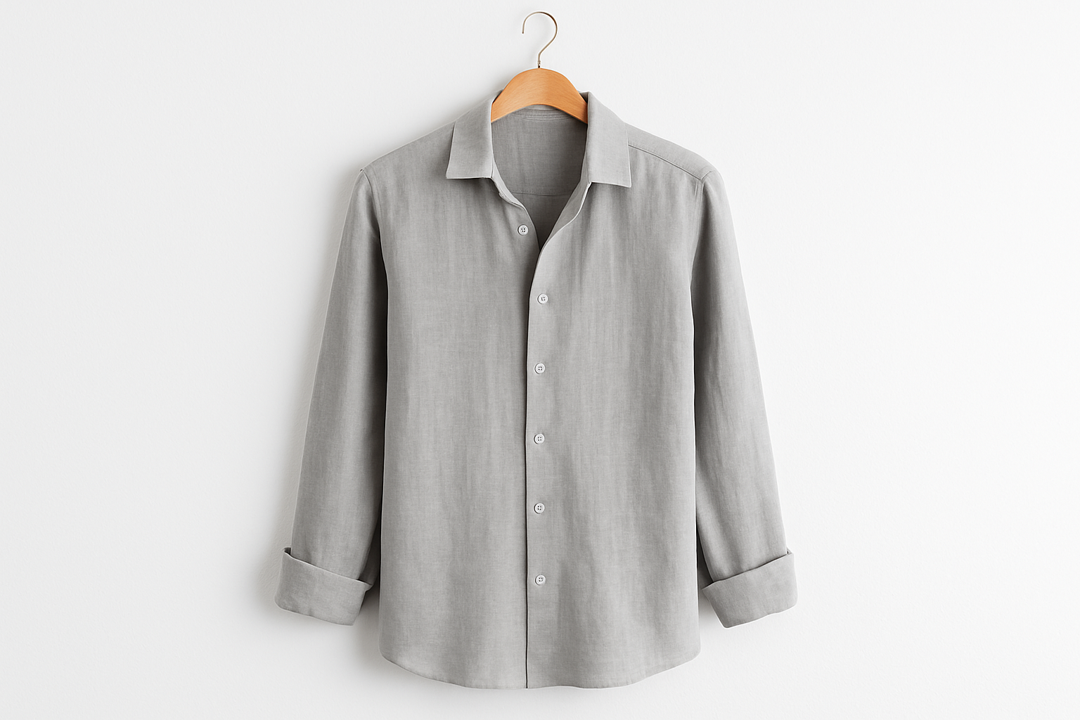 Light gray linen button-up shirt on coat hanger