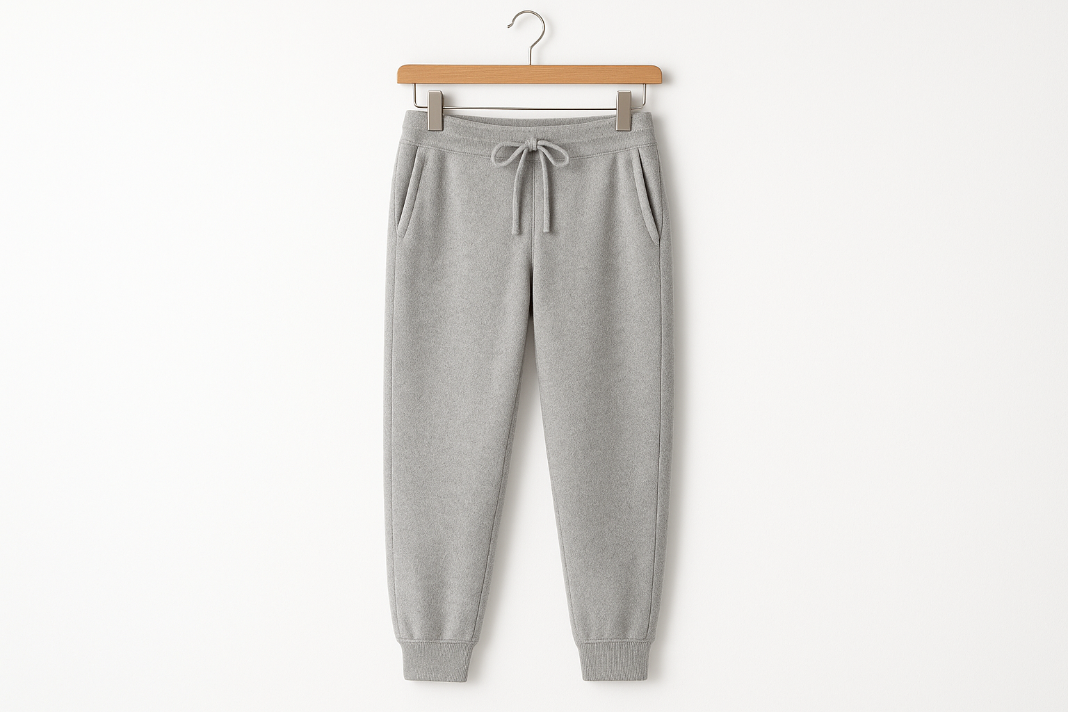 Light gray merino wool sweat pants hanging on coat hanger