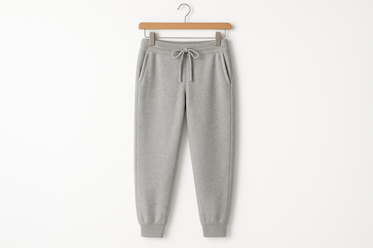 Light gray merino wool sweat pants hanging on coat hanger