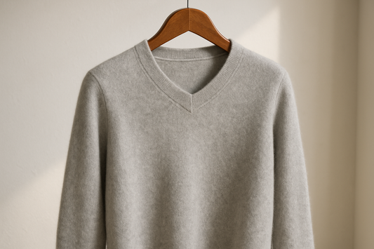 light-grey cashmere sweater on a coat hanger
