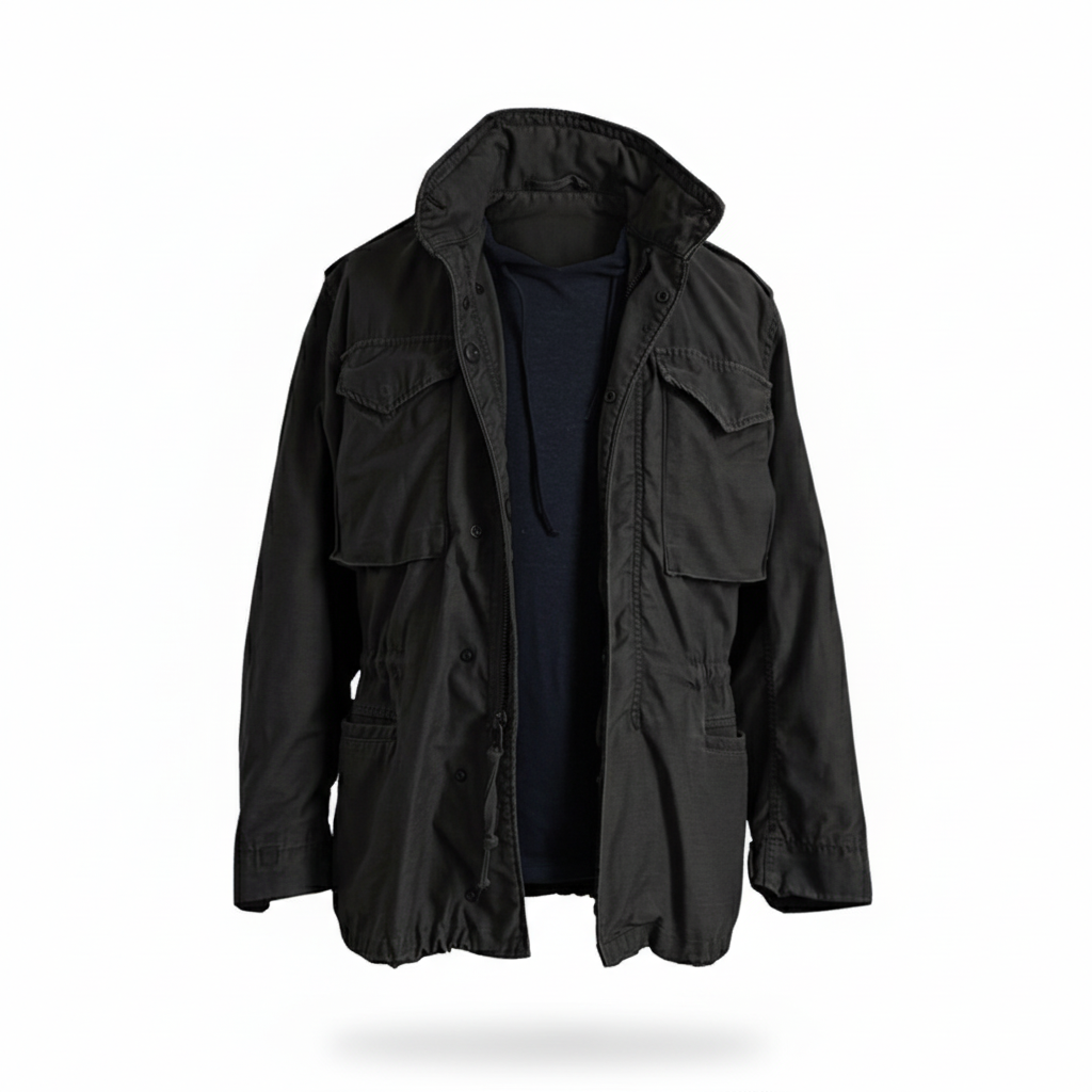 Military jacket in darker black tone on white background
