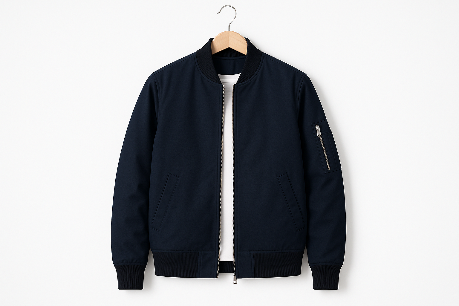 Navy blue bomber jacket with black ribbed trim hanging on coat hanger