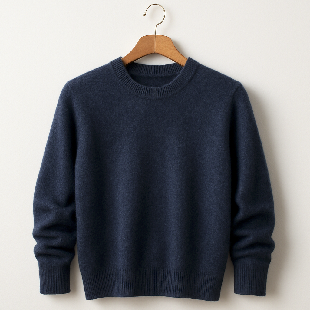 navy-blue cashmere sweater on a coat hanger with white background