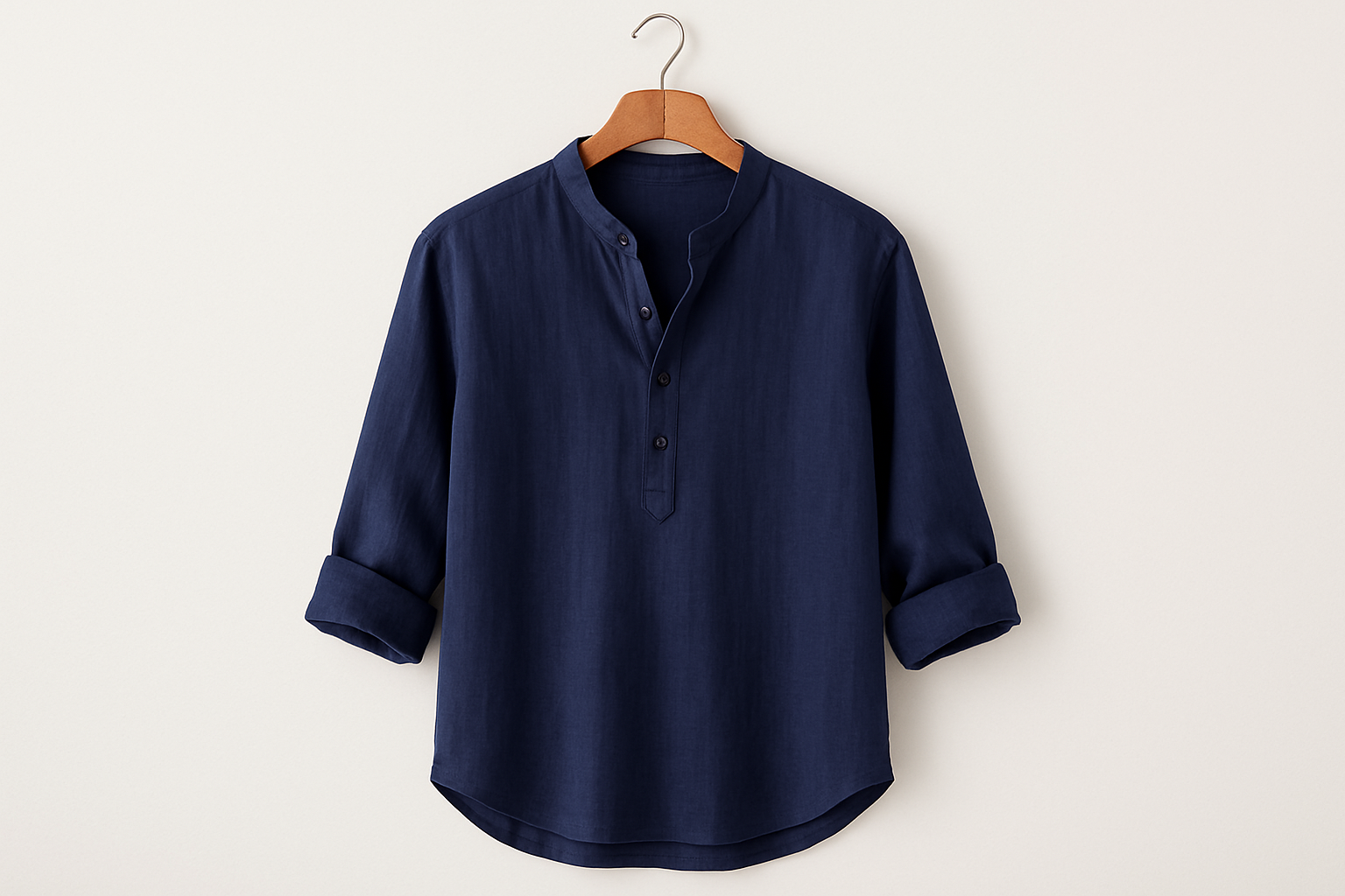 Navy blue linen henley shirt on coat hanger