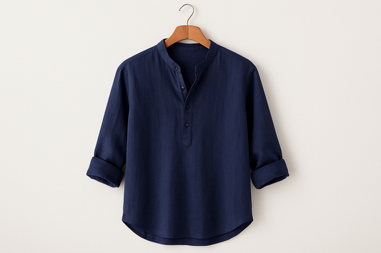 Navy blue linen henley shirt on coat hanger