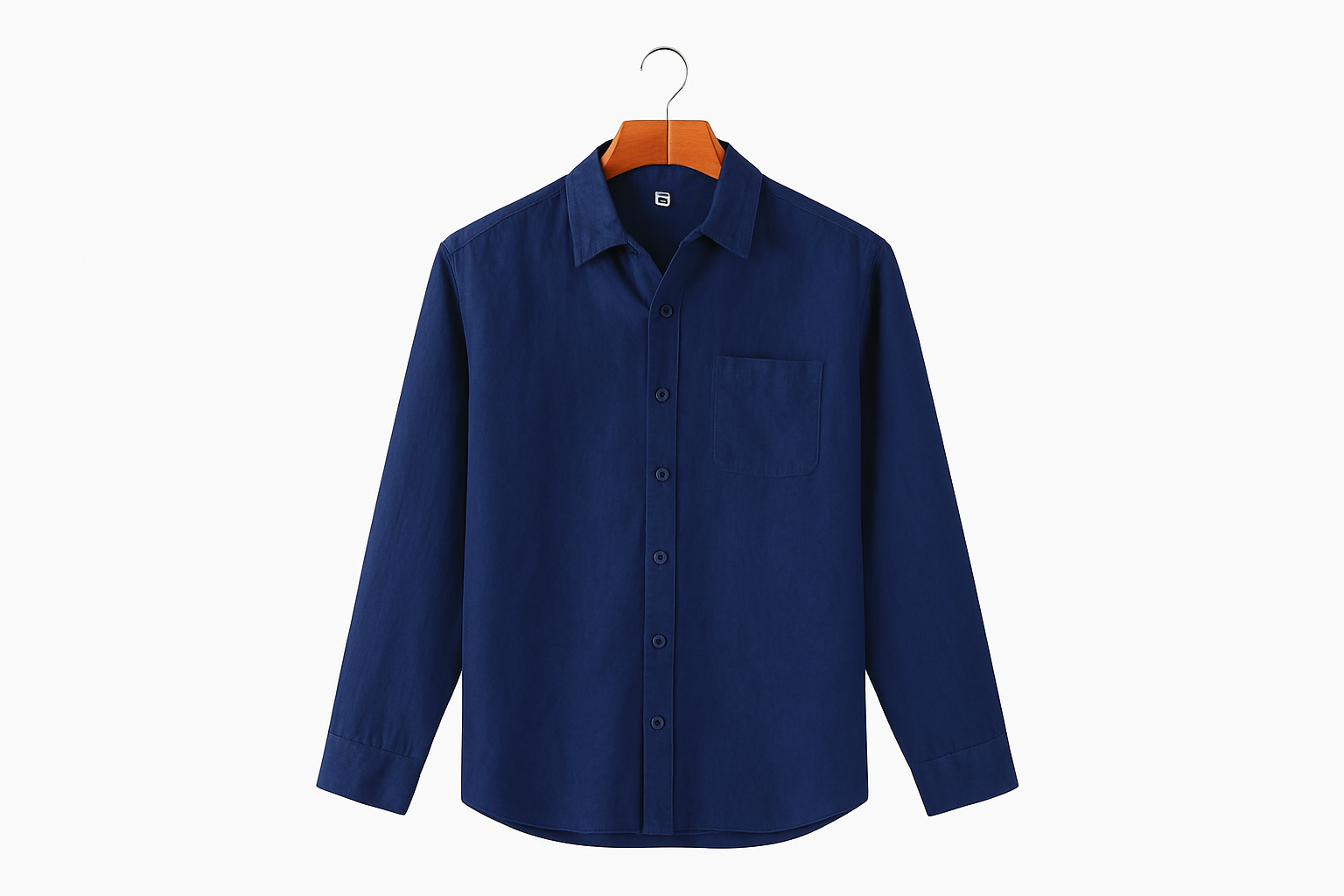 Navy blue linen shirt on coat hanger