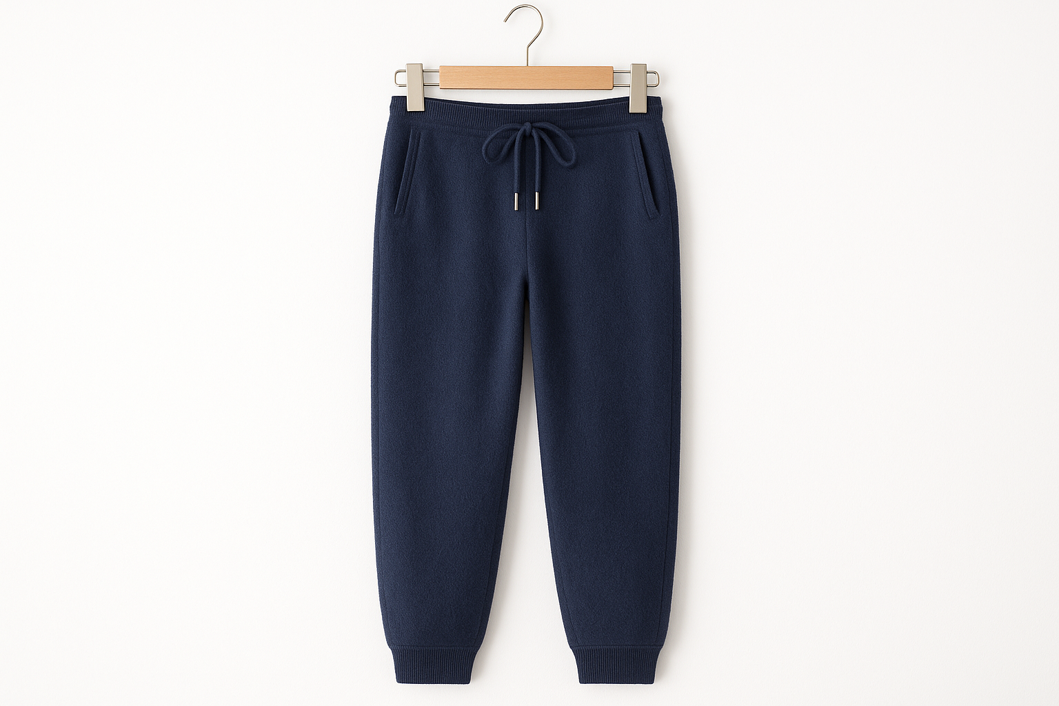 Navy blue merino wool sweat pants hanging on coat hanger