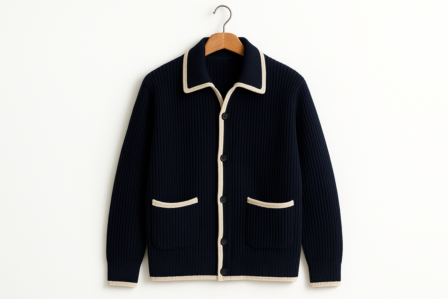 Navy blue ribbed cardigan with cream trim hanging on coat hanger