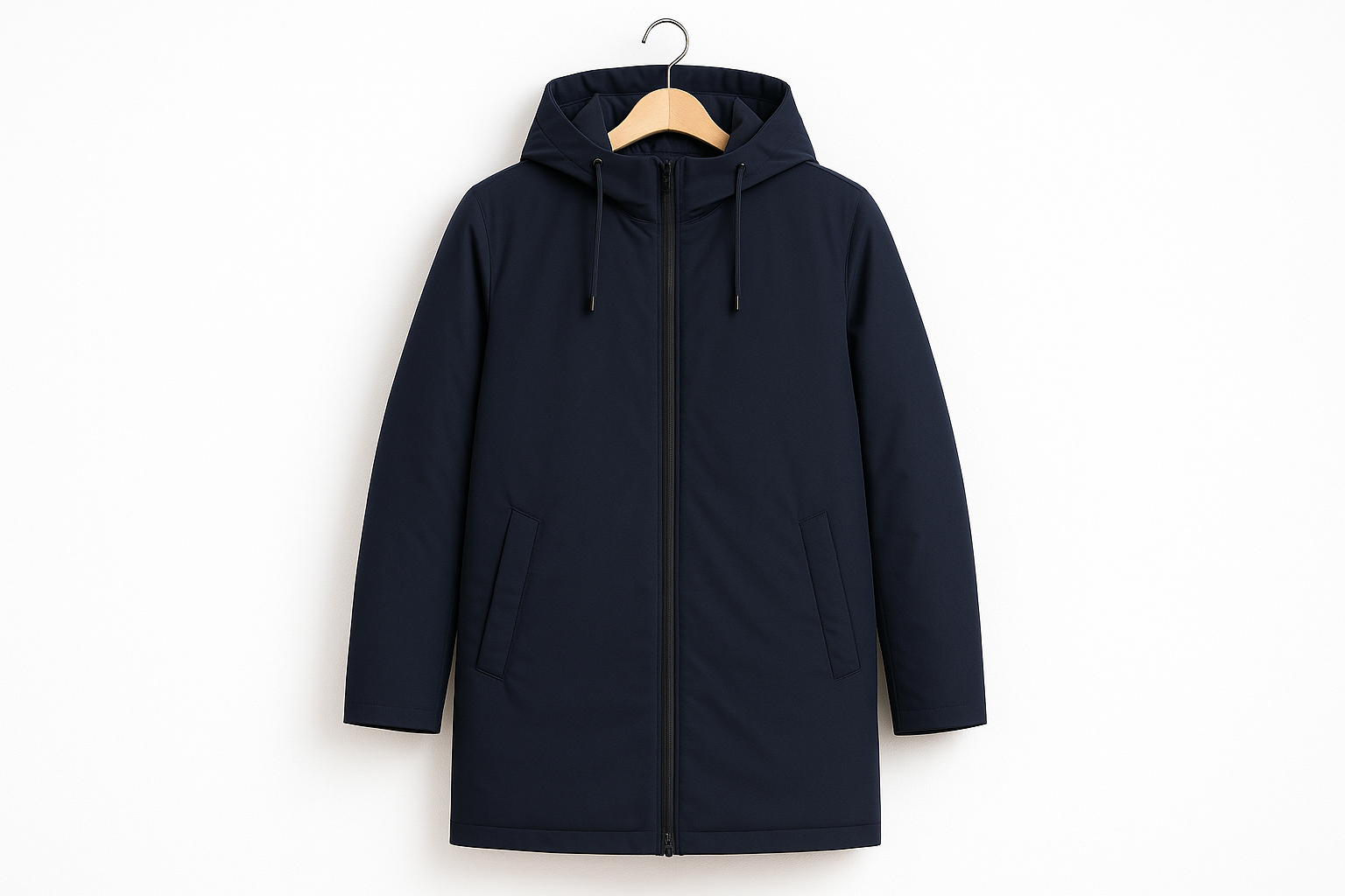 Navy blue windbreaker coat with hood hanging on coat hanger