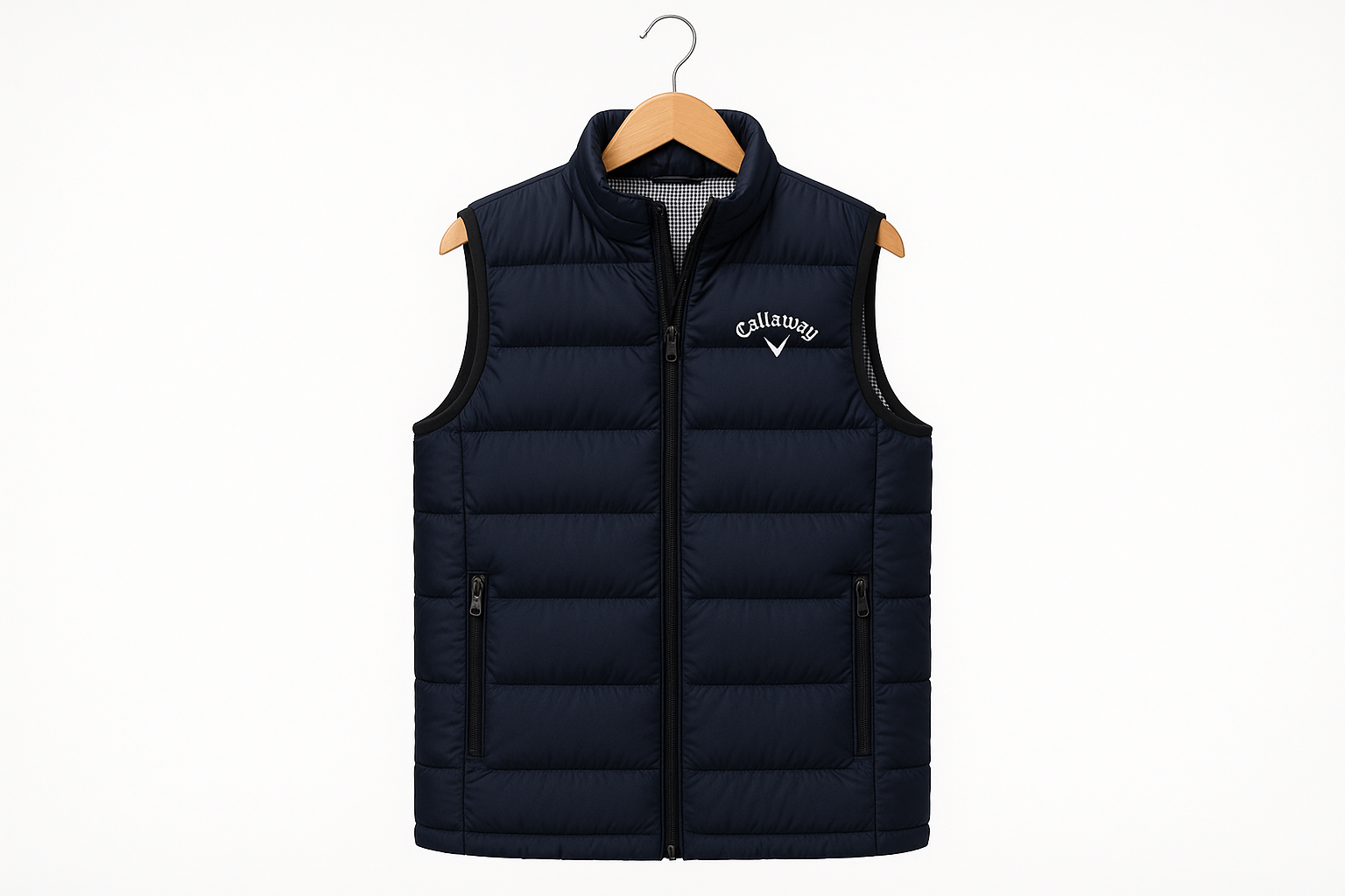 Navy quilted vest on hanger