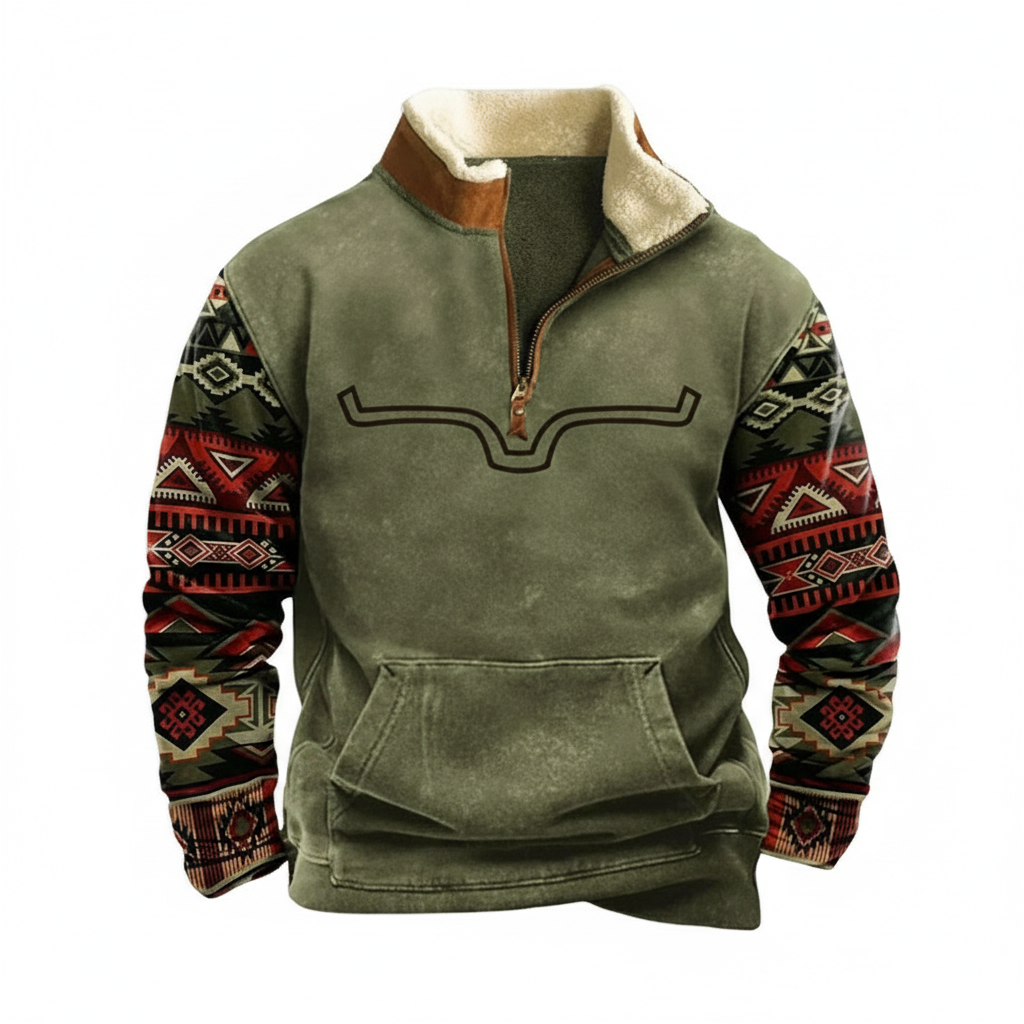 Olive green sweatshirt with geometric patterned sleeves on white background