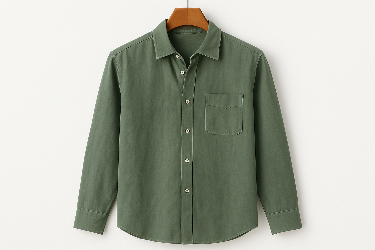 Sage green linen shirt on coat hanger