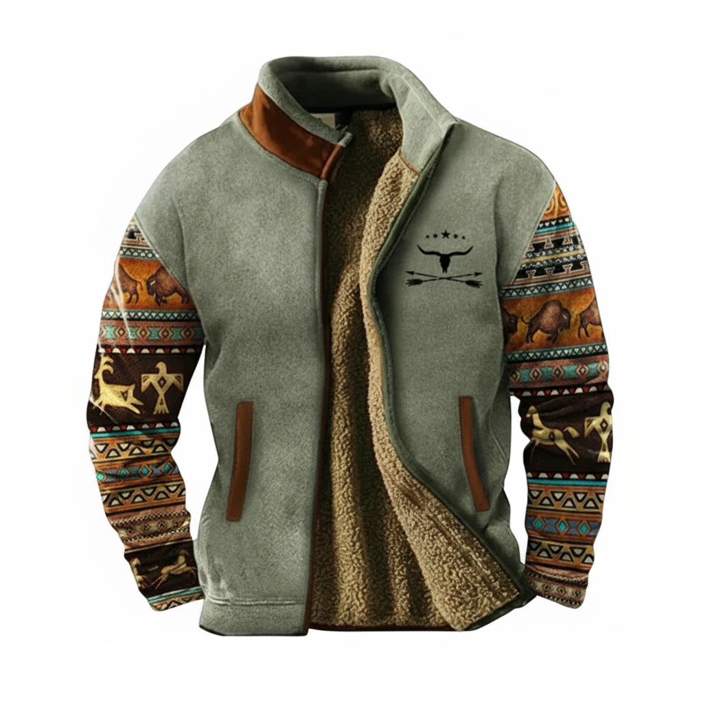 Sage green zip-up jacket with southwestern patterned sleeves on white background
