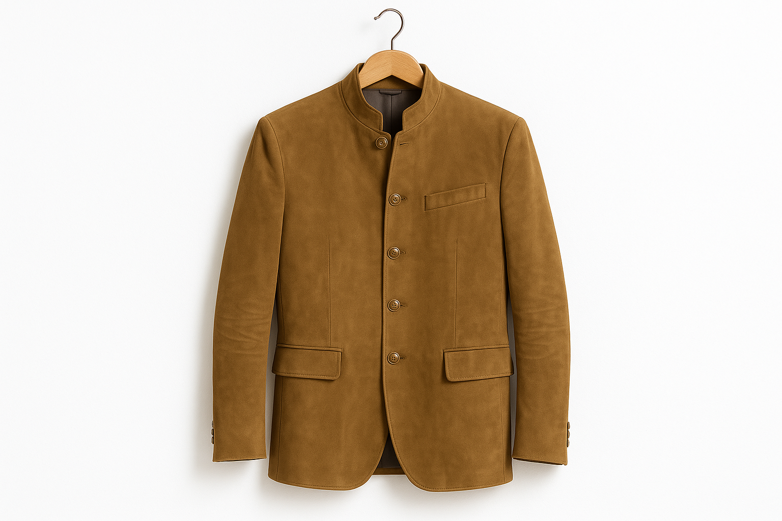 Tan camel colored suede coat hanging on coat hanger