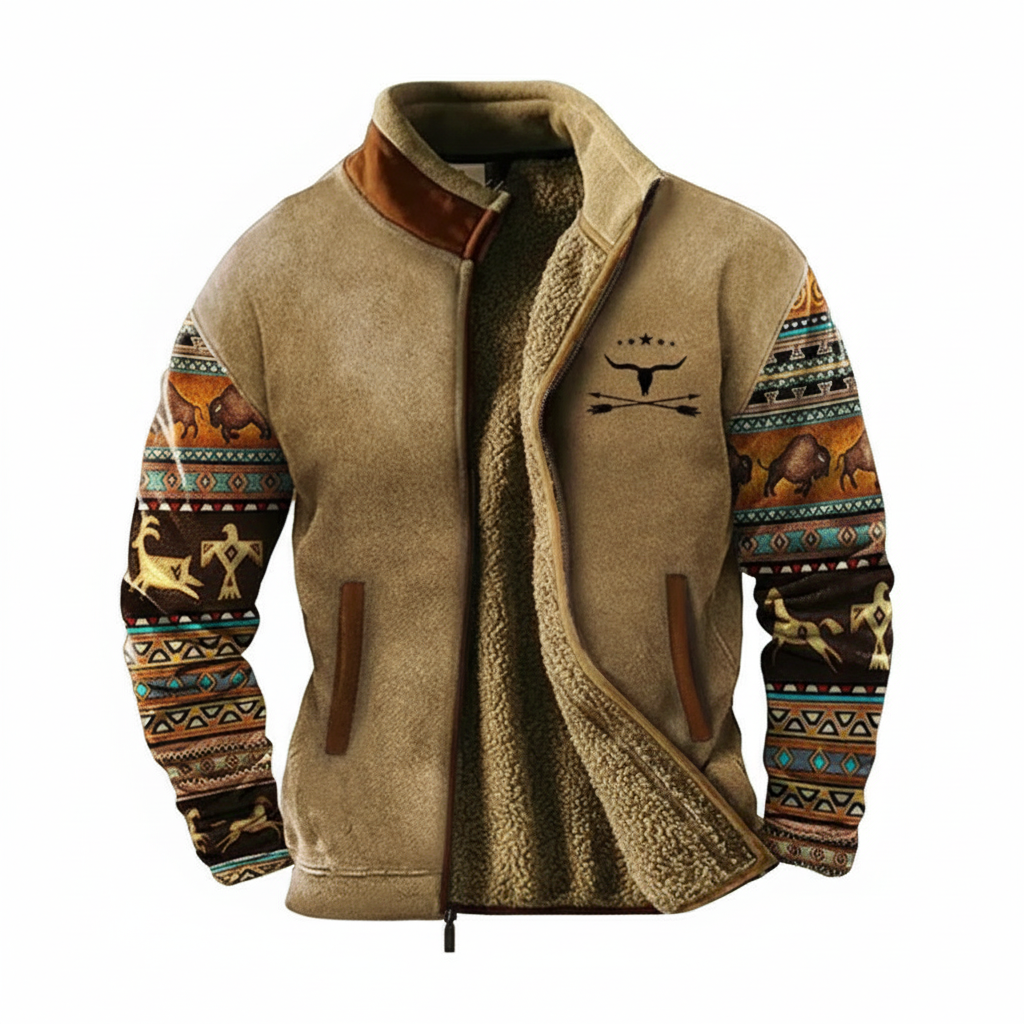 Tan fleece jacket with southwestern patterned sleeves on white background