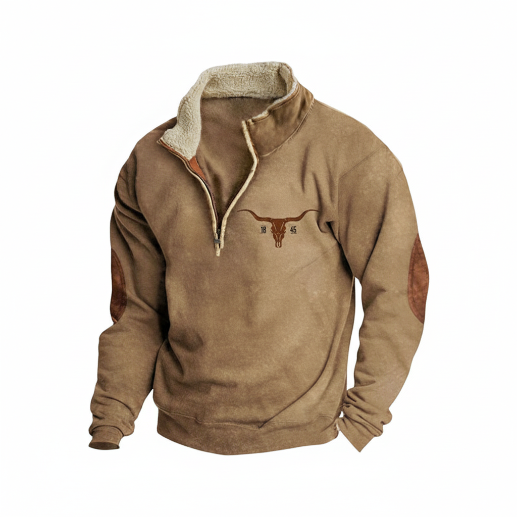Tan quarter-zip sweatshirt with sherpa collar on white background