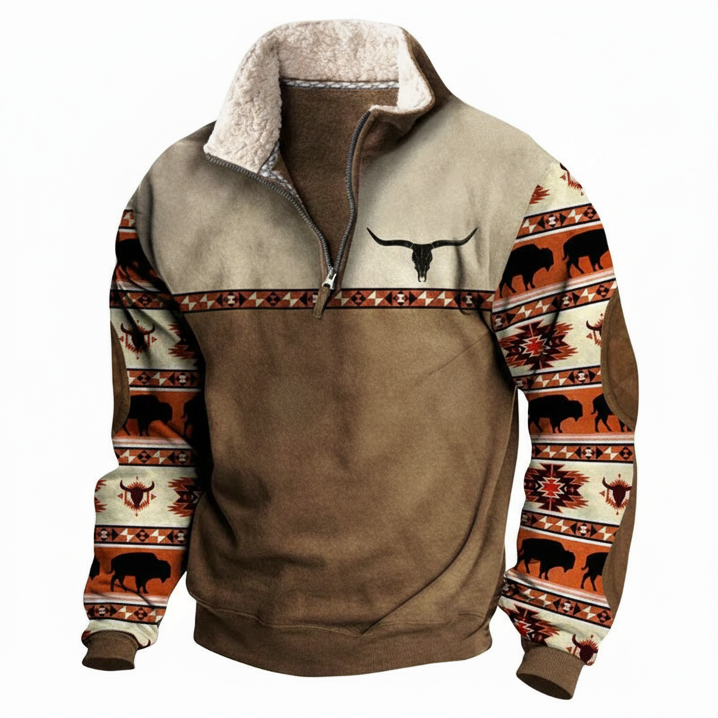Tan quarter-zip sweatshirt with southwestern patterned sleeves on white background