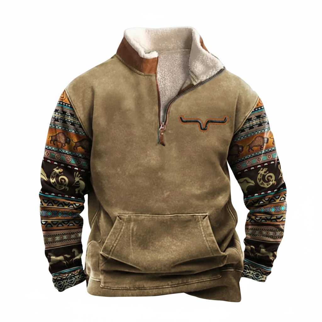 Tan sweatshirt with southwestern patterned sleeves on white background