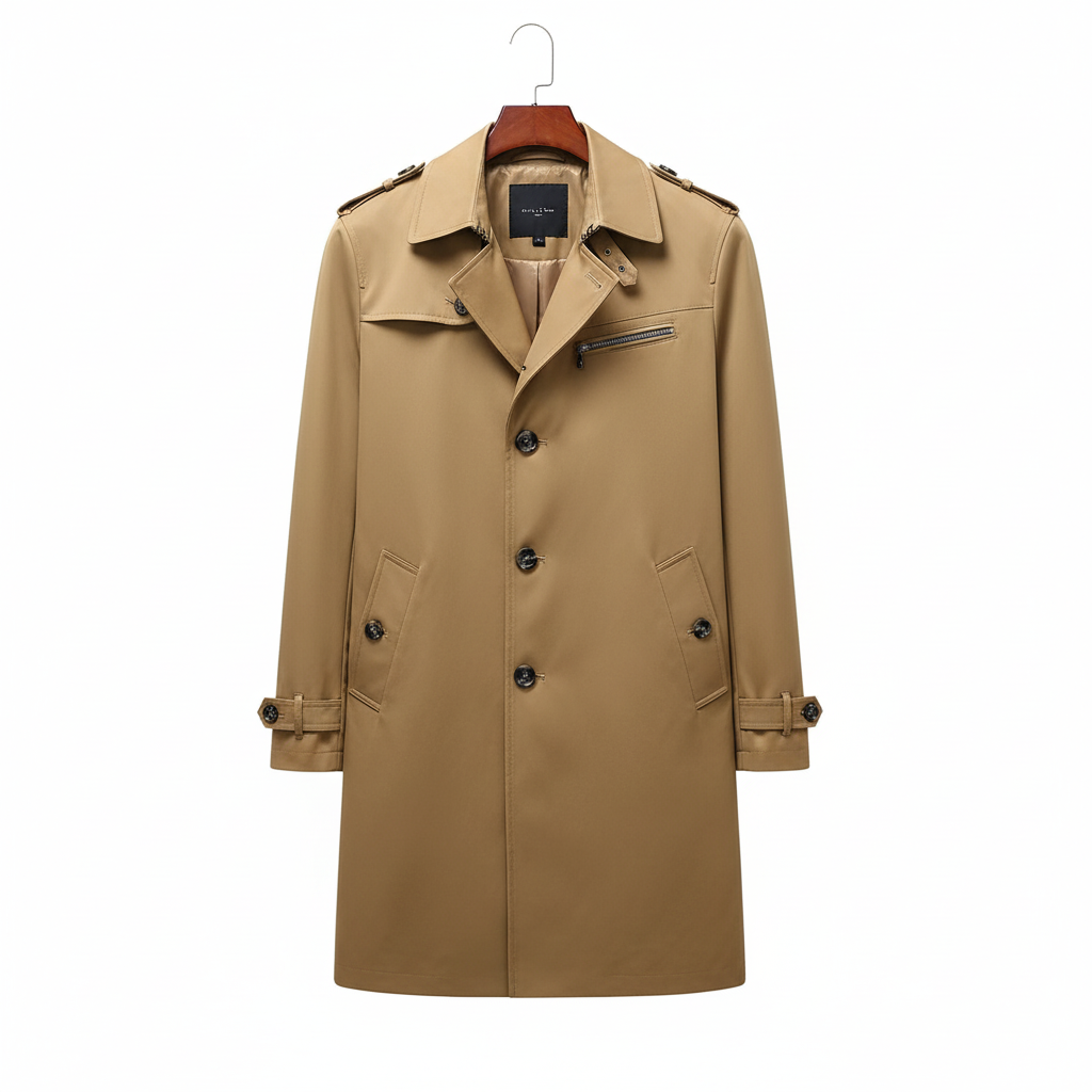 Tan trench coat with single-breasted front and no belt hanging on coat hanger