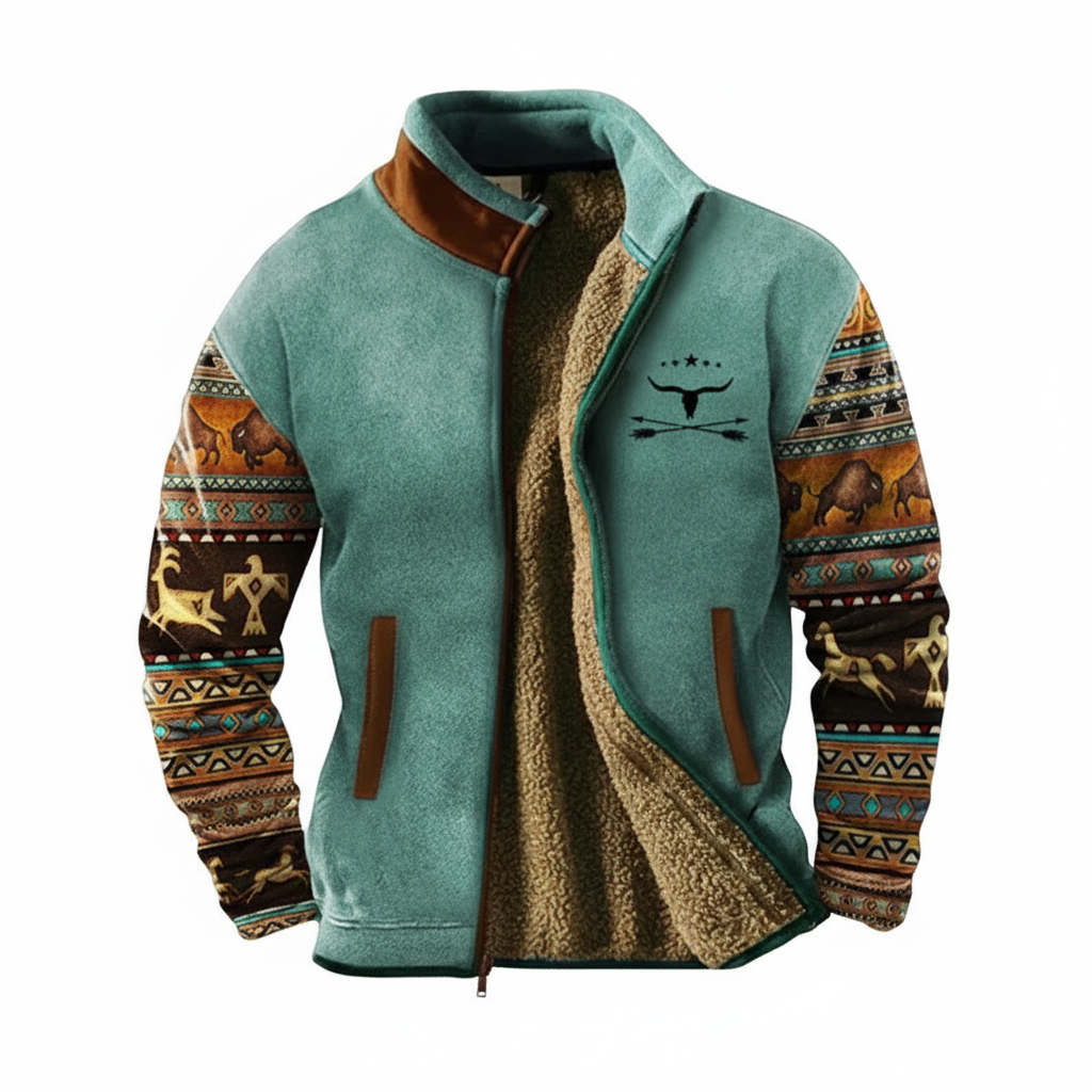Teal fleece jacket with southwestern patterned sleeves on white background