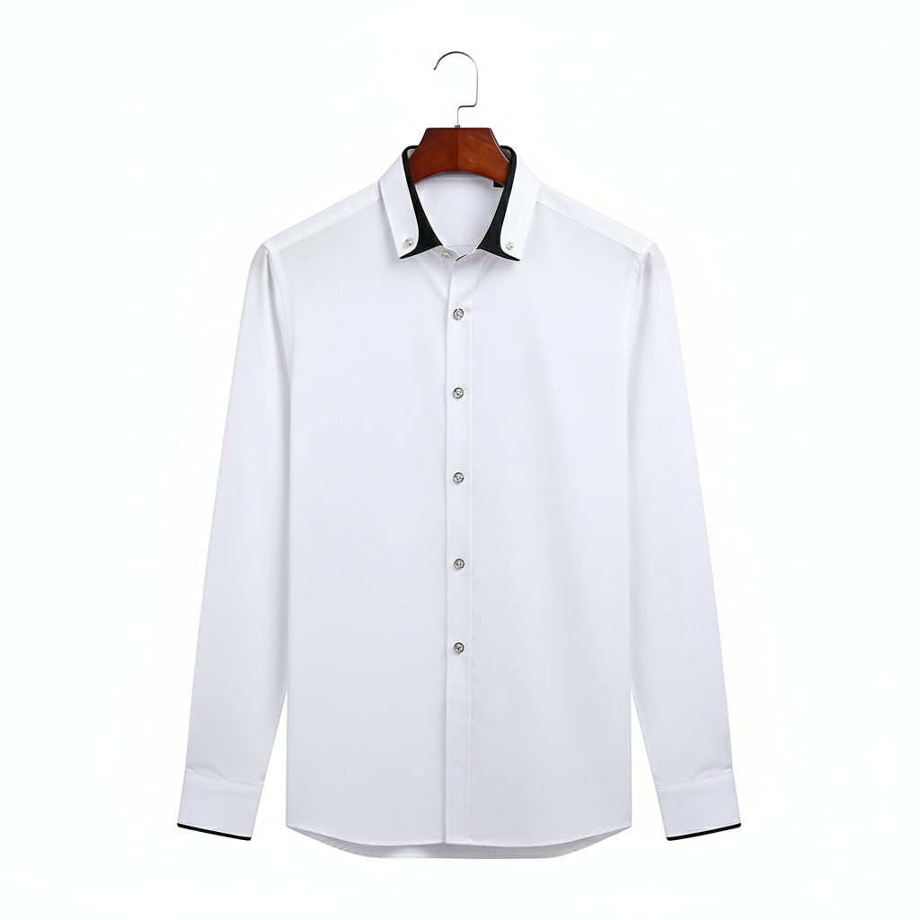 White dress shirt with black collar trim hanging on coat hanger