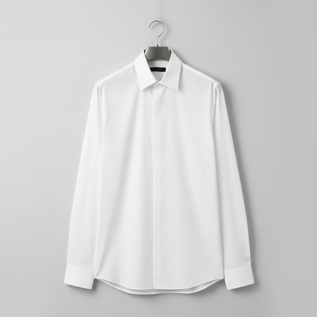 White dress shirt with hidden button front on hanger