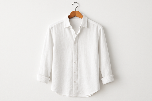 White linen button-up shirt on coat hanger