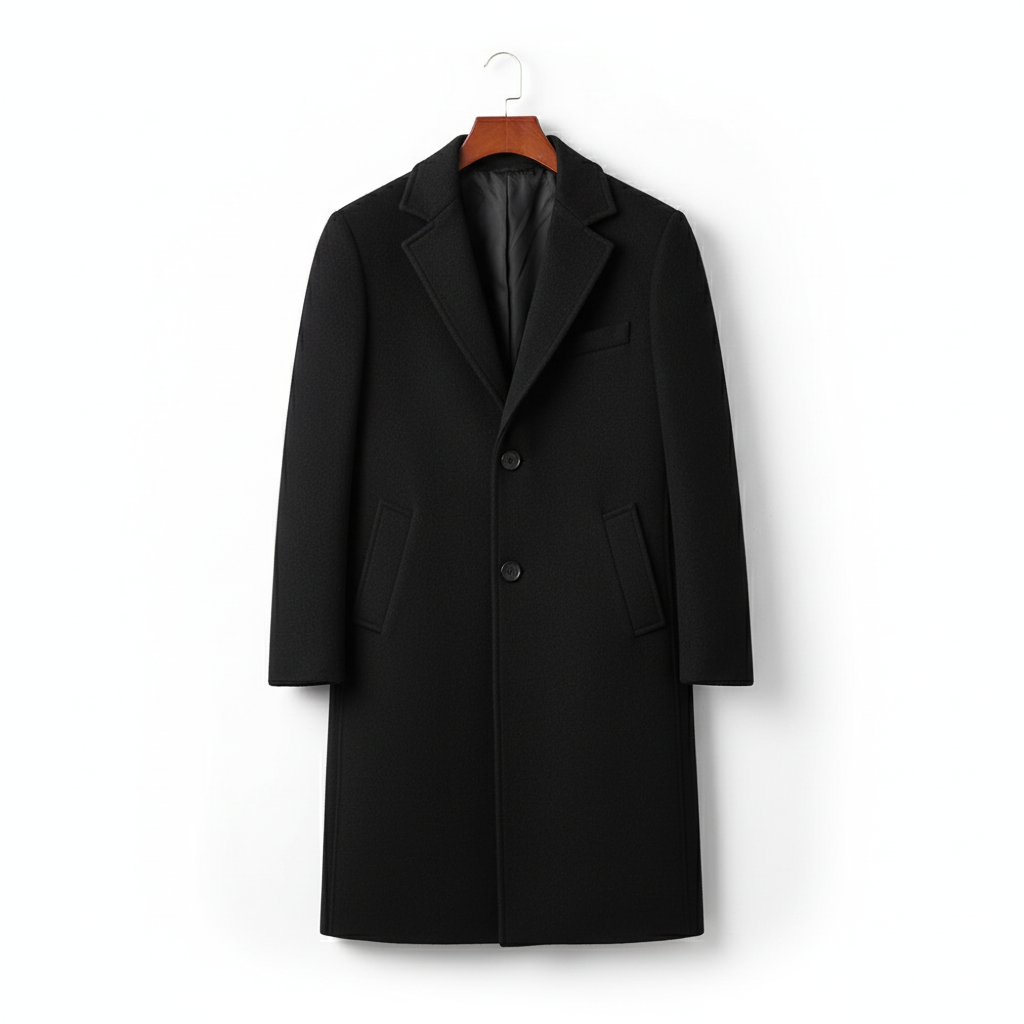 Wide angle view of black wool coat on coat hanger