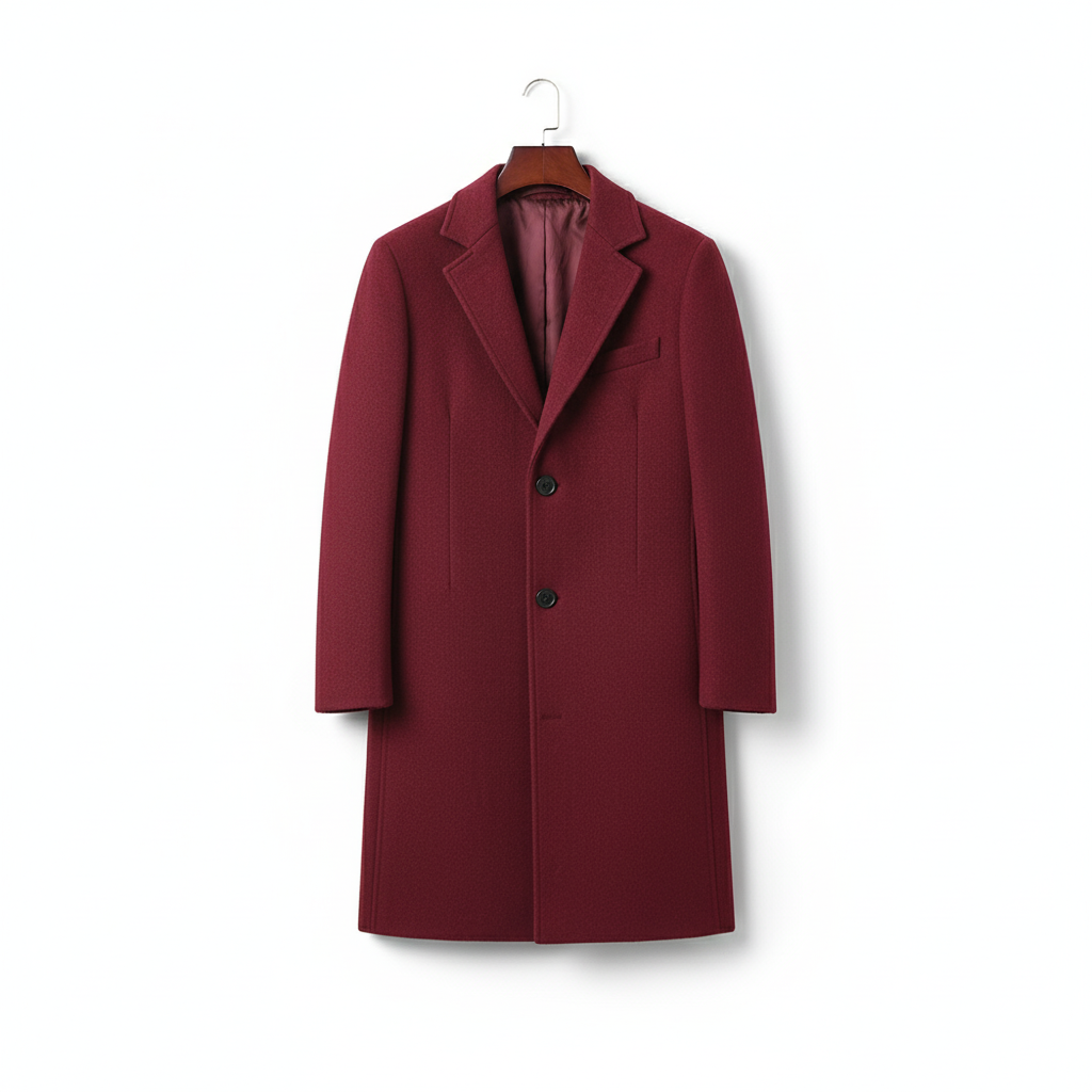 Wide angle view of burgundy wool coat on coat hanger