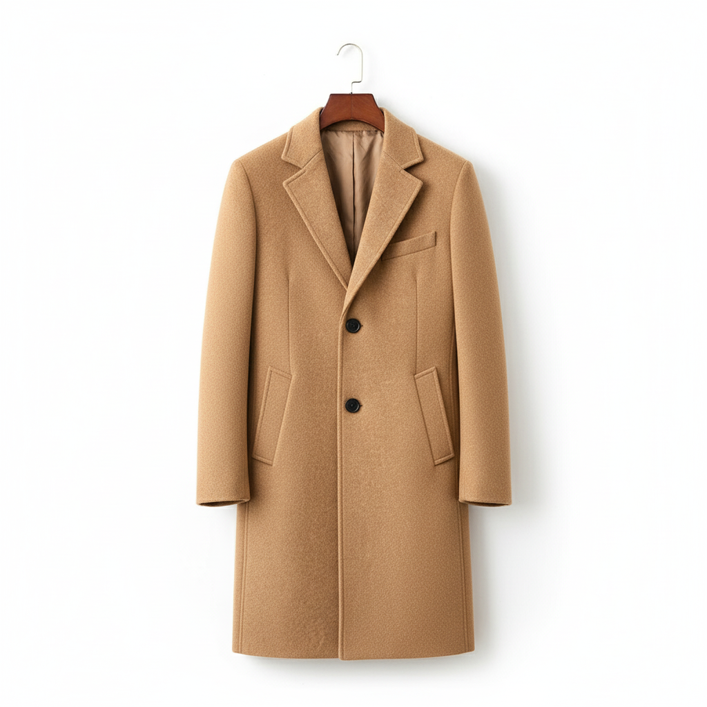 Wide angle view of camel wool coat on coat hanger