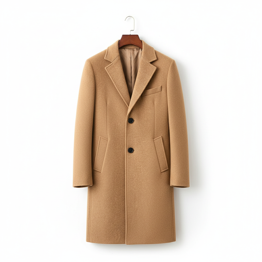 Wide angle view of camel wool coat on coat hanger