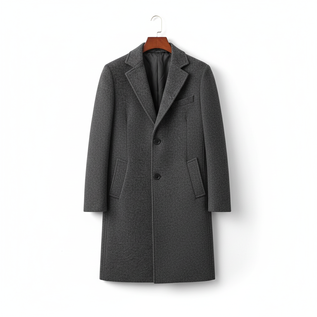 Wide angle view of charcoal gray wool coat on coat hanger