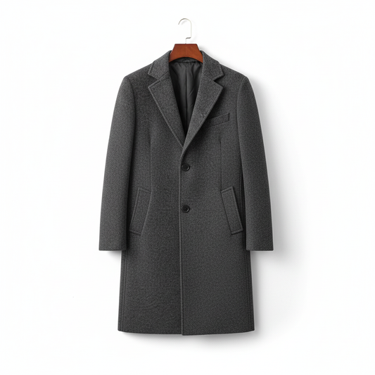 Wide angle view of charcoal gray wool coat on coat hanger