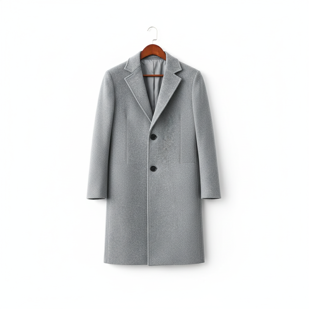 Wide angle view of light gray wool coat on coat hanger