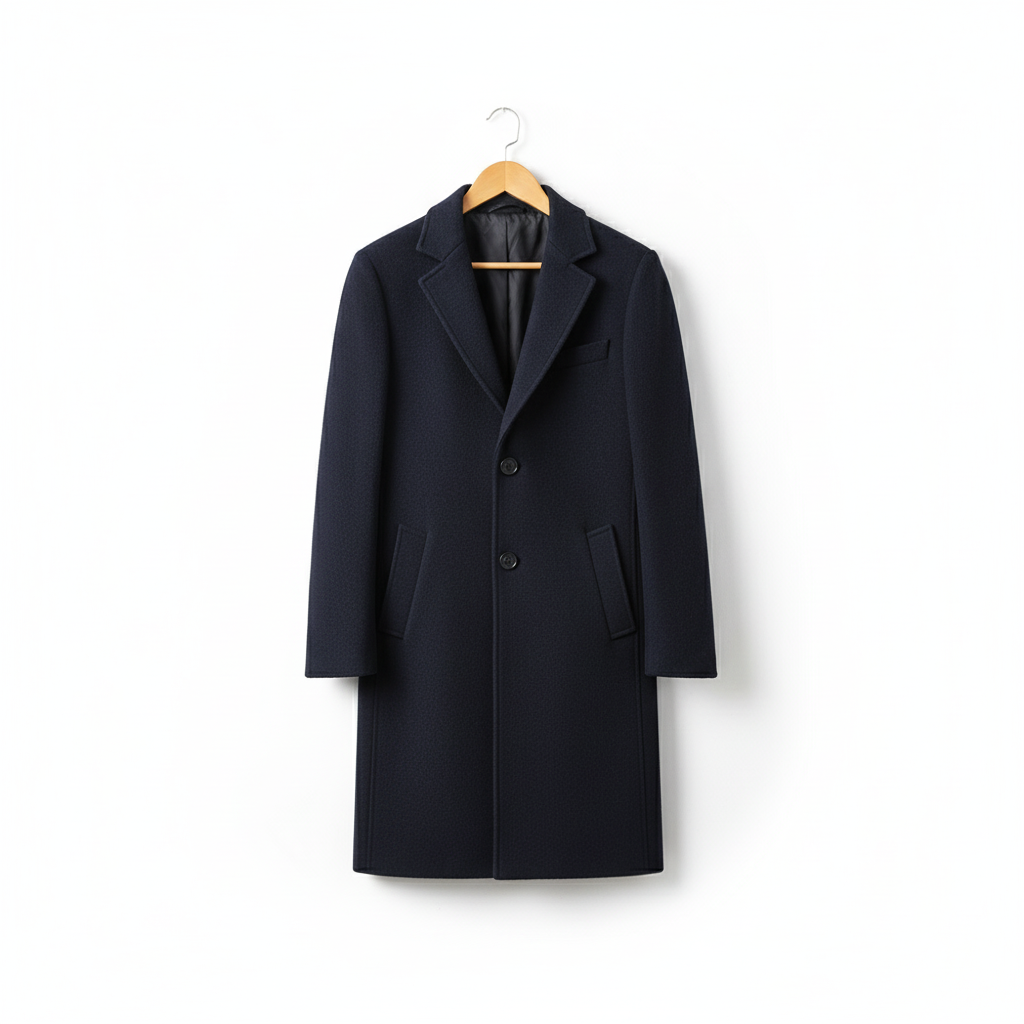 Wide angle view of navy blue wool coat on coat hanger