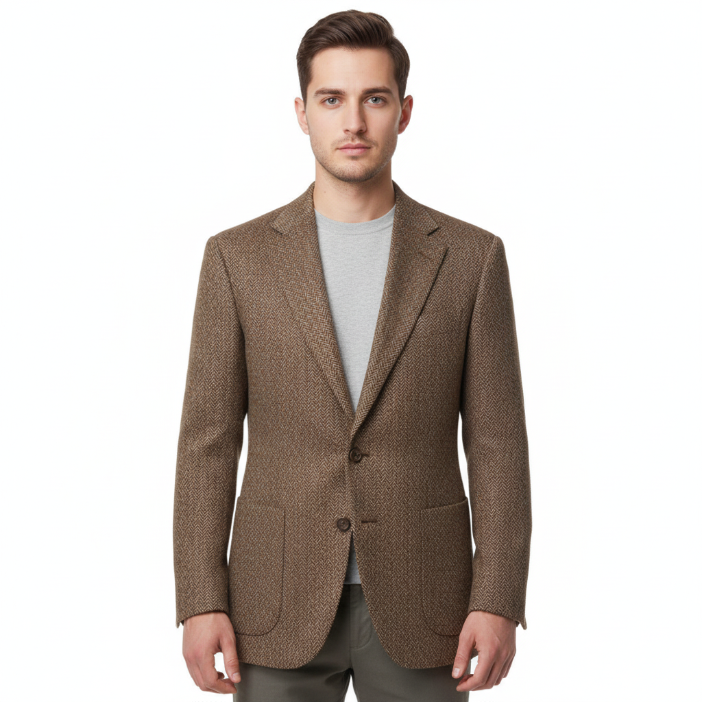 Young male model wearing brown herringbone tweed blazer