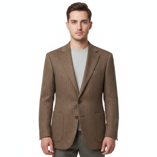 Young male model wearing brown herringbone tweed blazer
