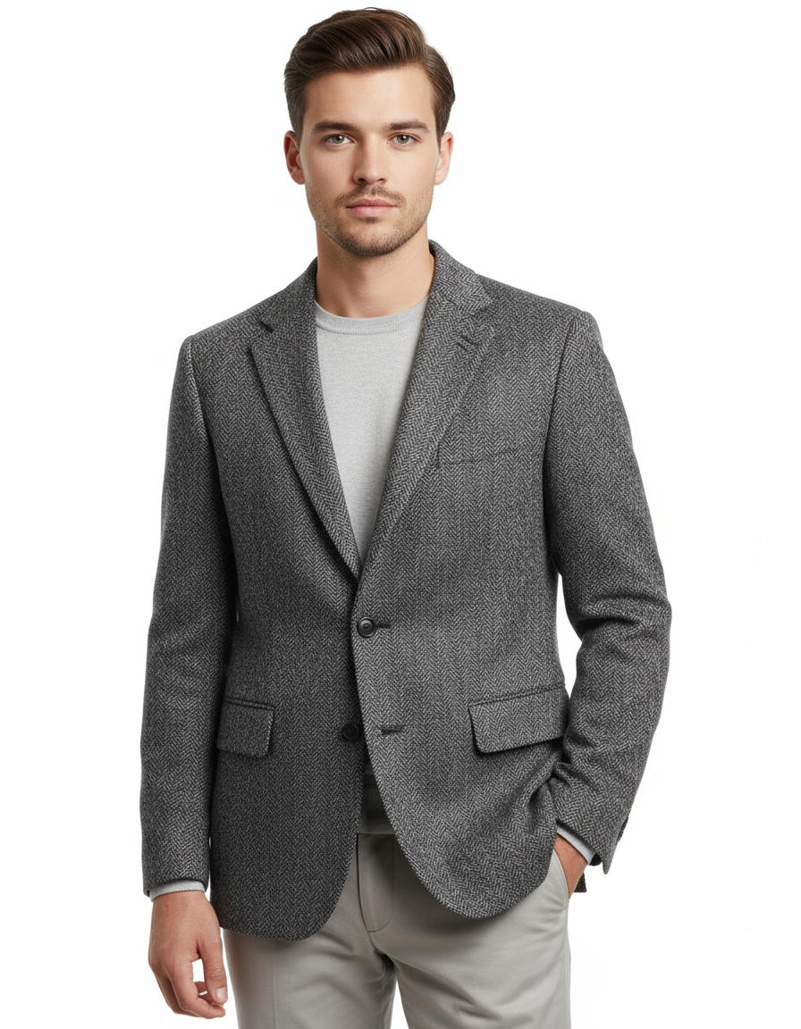 Young male model wearing charcoal gray herringbone tweed blazer
