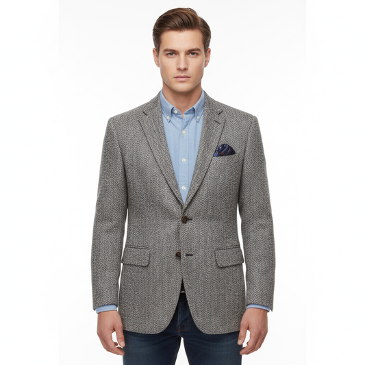 Young male model wearing gray herringbone tweed blazer