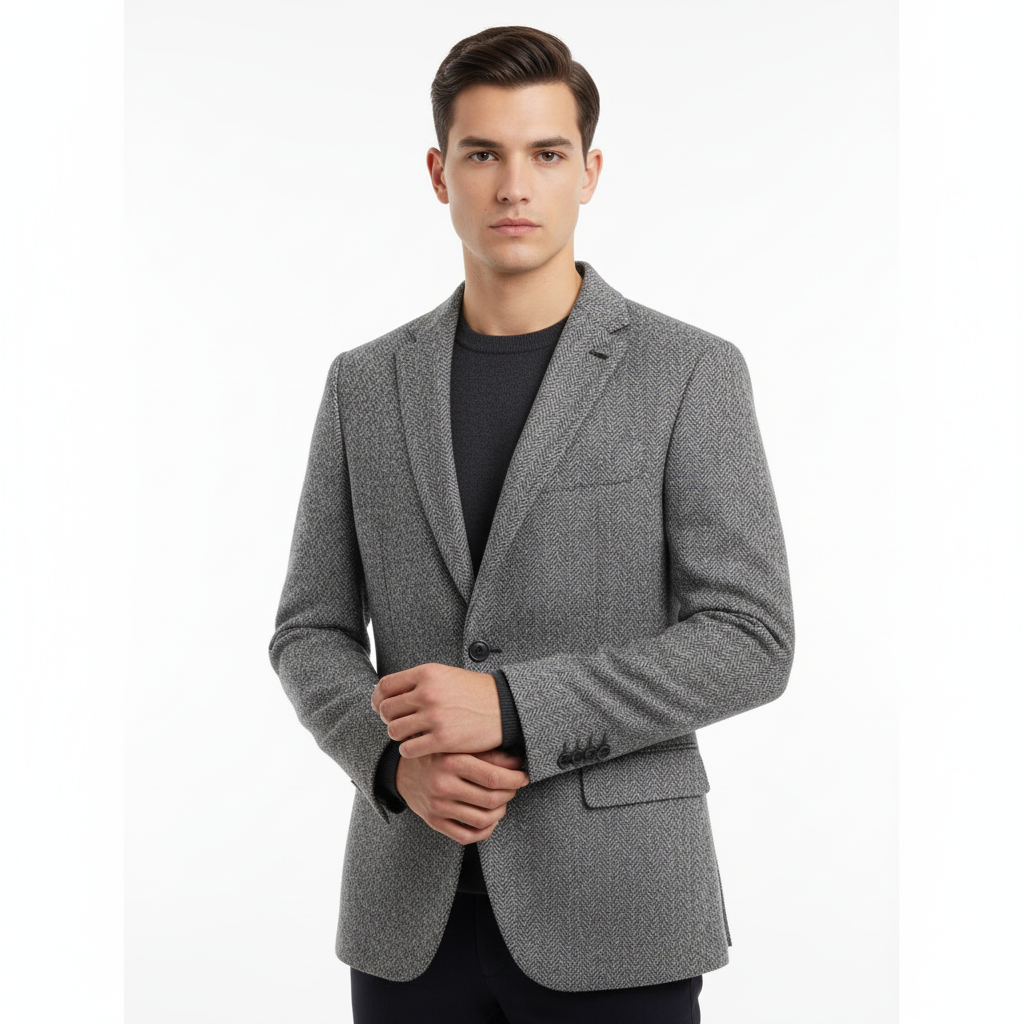 Young male model wearing gray herringbone tweed blazer